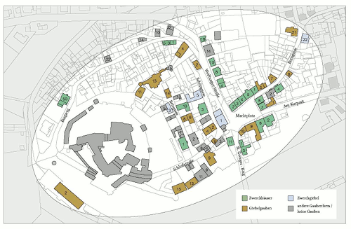 Zwerchhäuser und verwandte Dachformen an denkmalgeschützten Gebäuden. Maßstab 1:2500