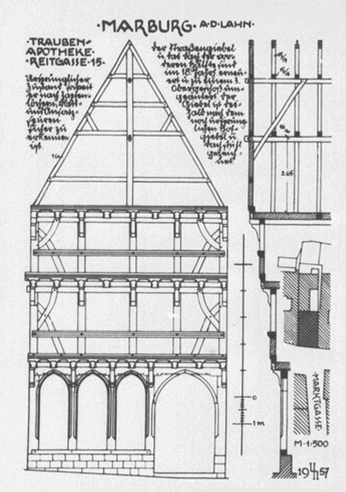 Abb. 3: Ansicht der Trauben-Apotheke; Marburg, Hirschberg 15; 1476/1500?; Zeichnung: Rumpf, Karl (1963)