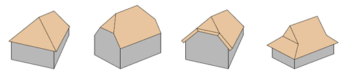 Walmdach, Krüppelwalm, Halbwalm, Fußwalm (von links nach rechts)